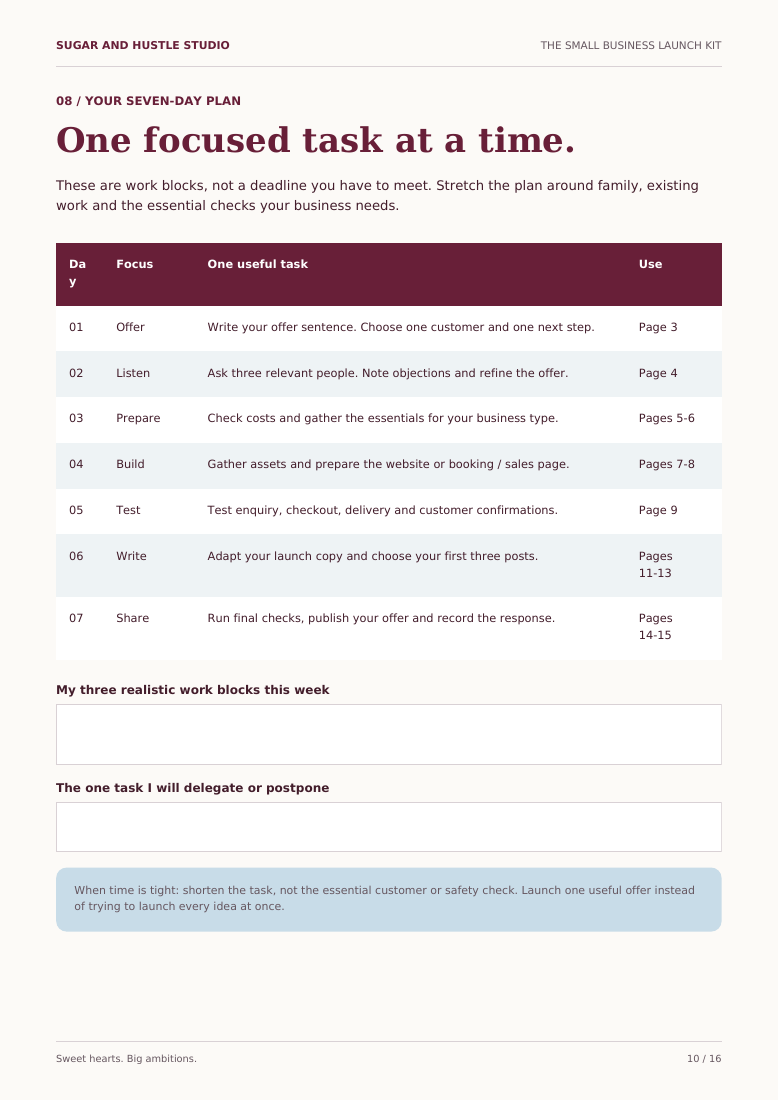 Preview of the seven-day launch plan